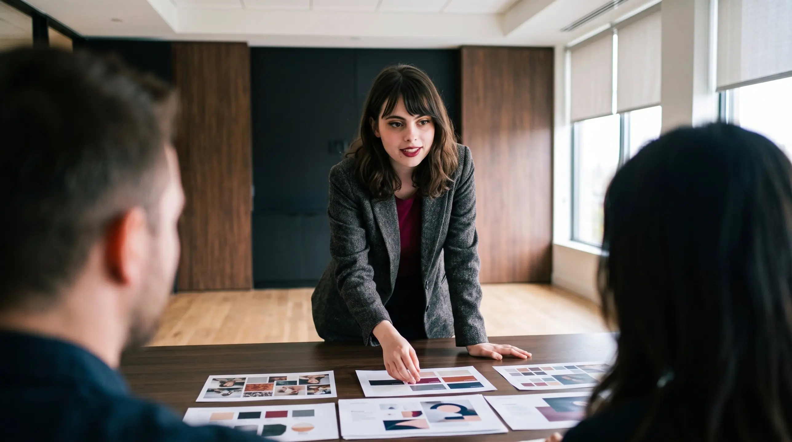 Lily walking two clients through colour palettes and brand concepts at a meeting table
