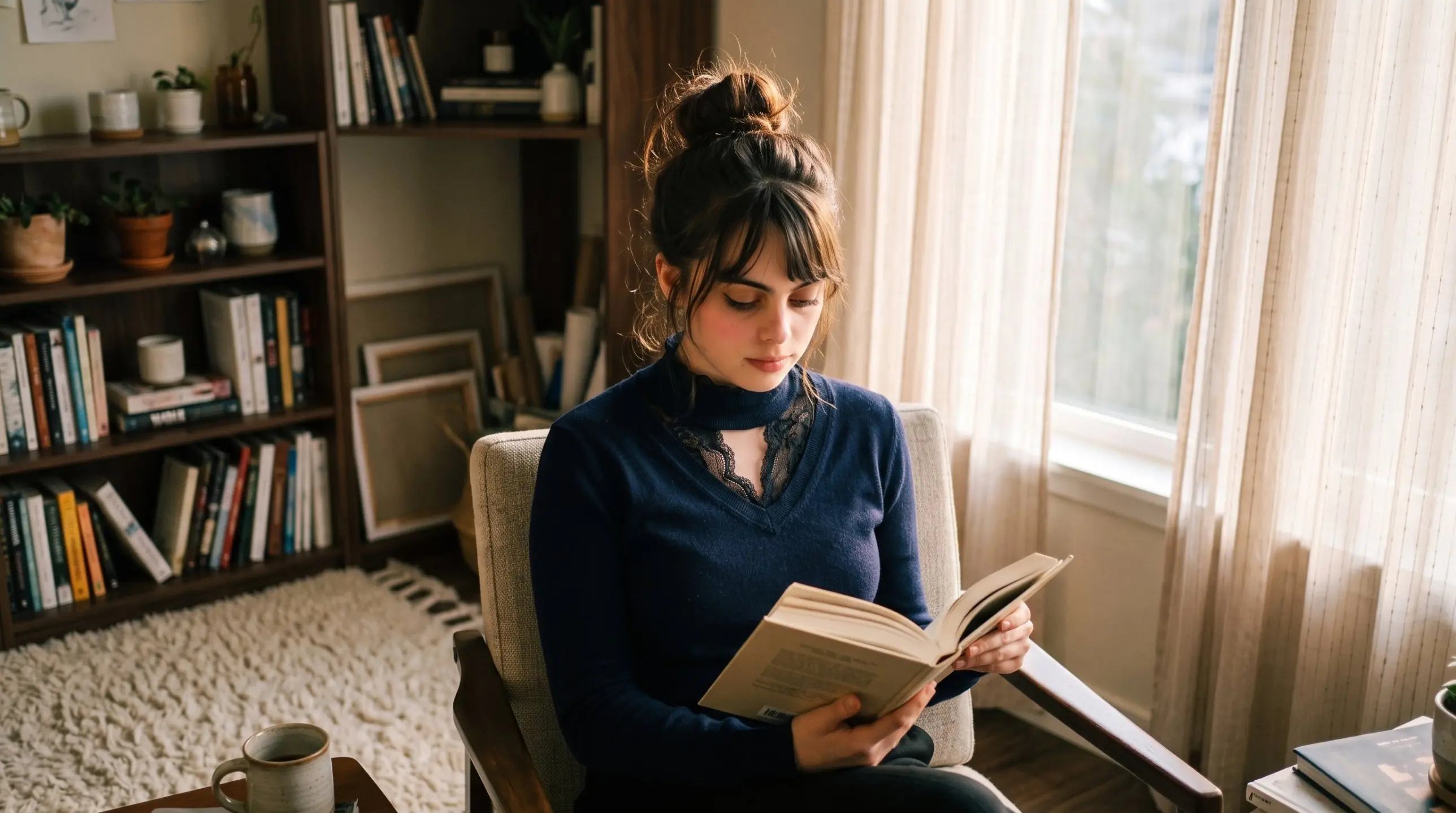 Lily reading in an armchair by the window