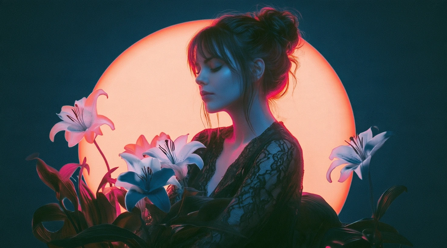 Lily under a setting sun surrounded by white lilies, the opening frame of the homepage film