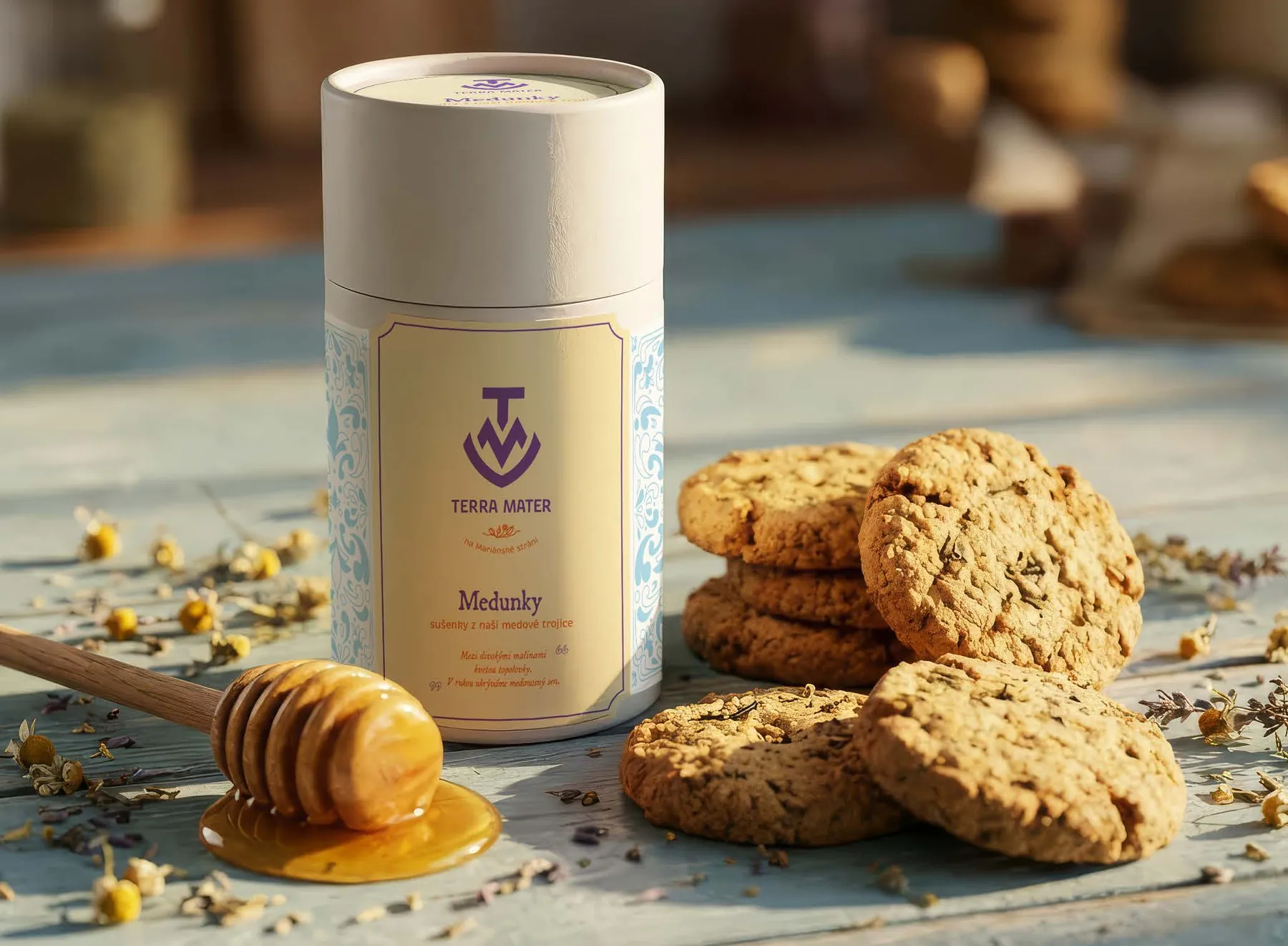 A Terra Mater tin next to honey and oat cookies