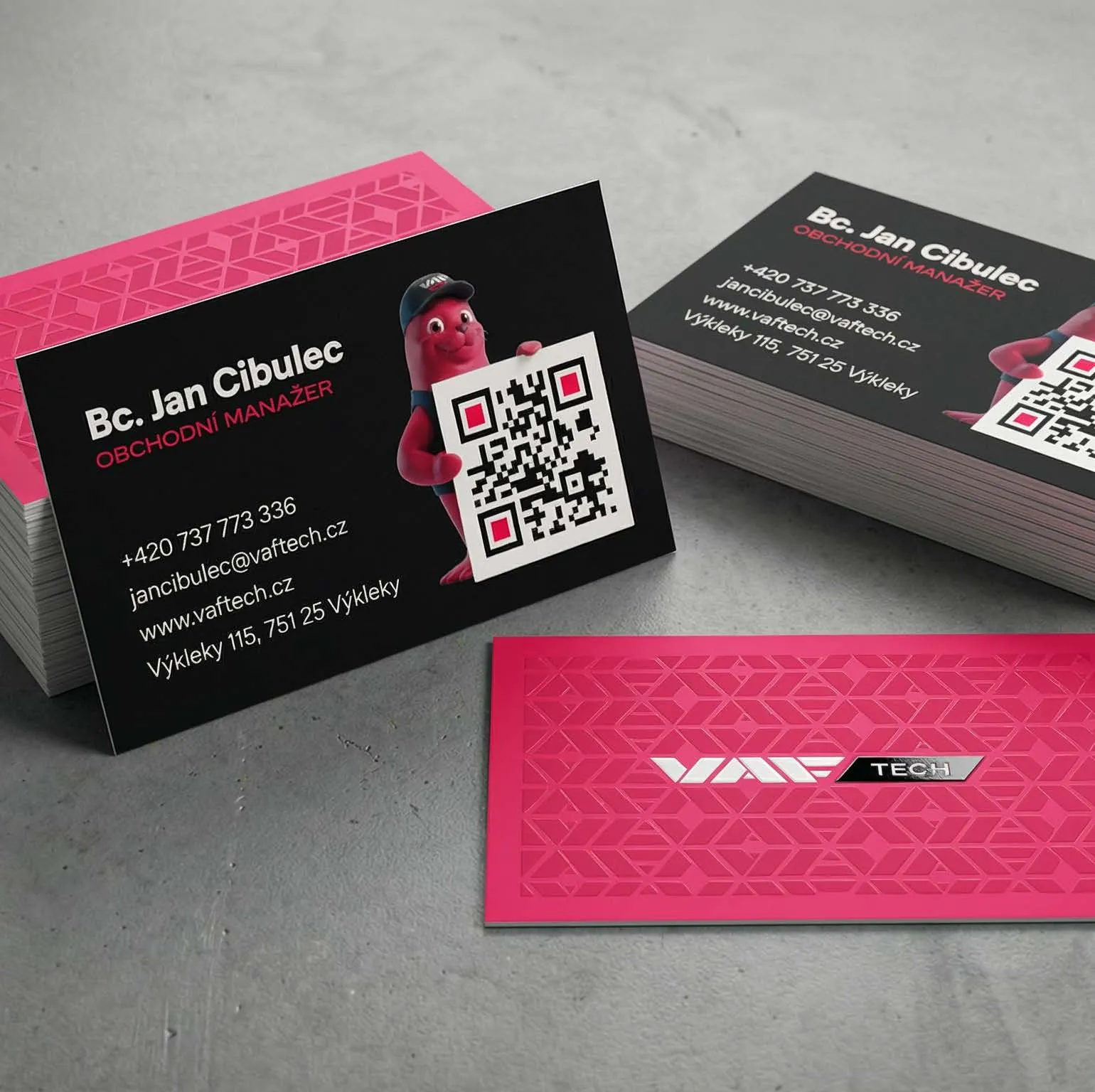 VAF Tech business cards with the magenta pattern and QR code